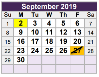 District School Academic Calendar for Tarrant Co J J A E P for September 2019