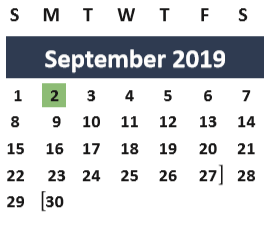 District School Academic Calendar for Brazos Co Juvenile Detention Cente for September 2019