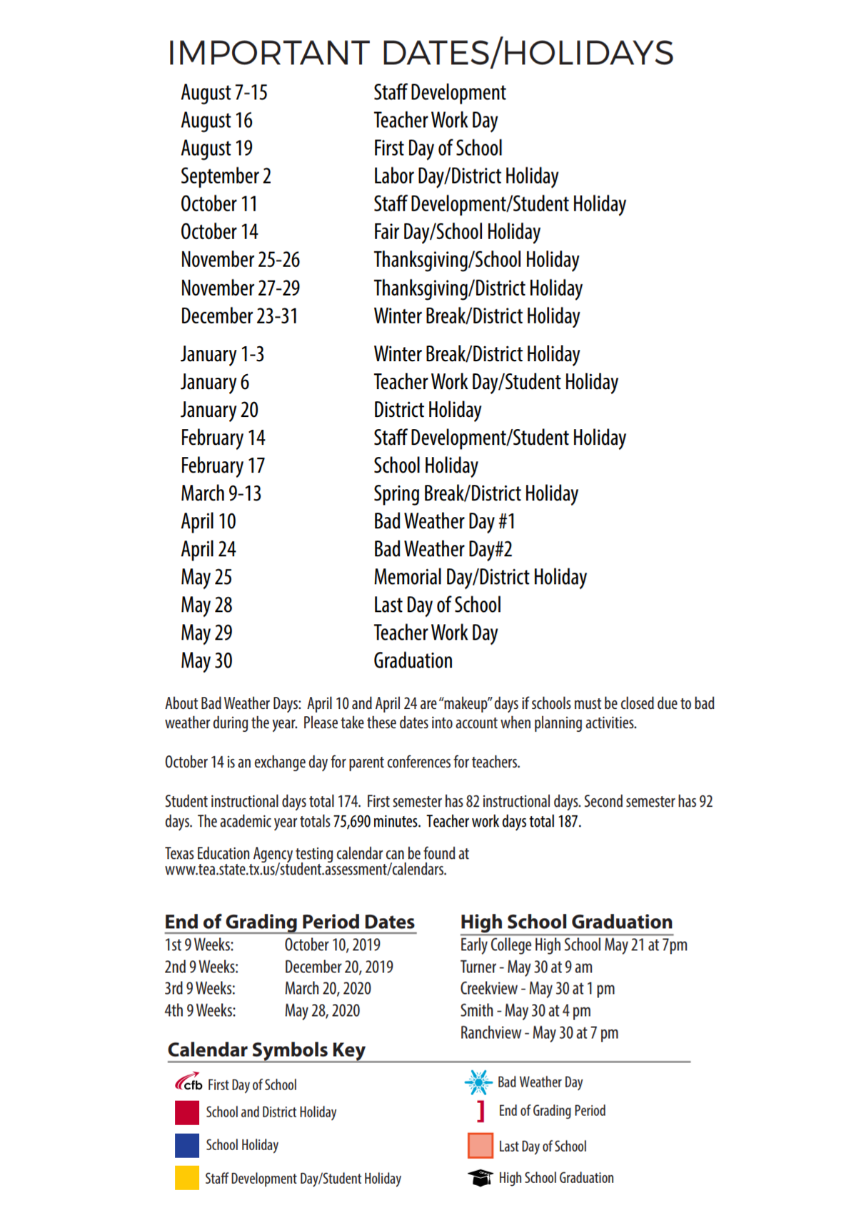 Rosemeade Elementary School District Instructional Calendar