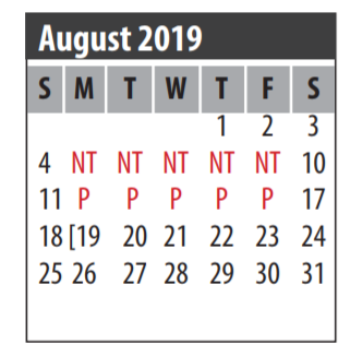 District School Academic Calendar for John F Ward Elementary for August 2019