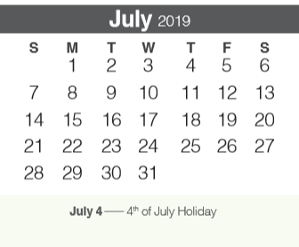 District School Academic Calendar for Church Hill Middle School for July 2019
