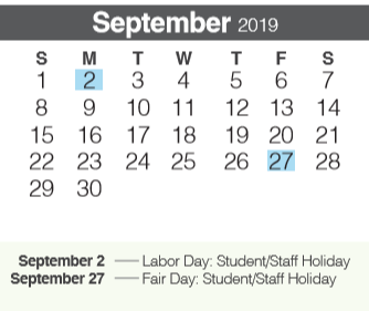District School Academic Calendar for Arlon R Seay Intermediate for September 2019