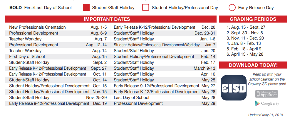District School Academic Calendar Key for North Crowley H S 9th Grade Campus