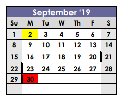 District School Academic Calendar for X I T Secondary School for September 2019