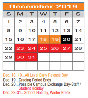 District School Academic Calendar for Regional Day Sch Deaf for December 2019