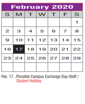 District School Academic Calendar for Denton Co J J A E P for February 2020