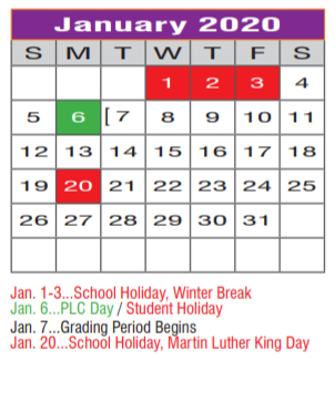 District School Academic Calendar for Regional Day Sch Deaf for January 2020
