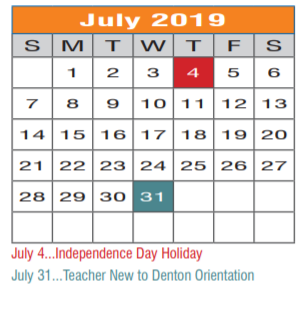 District School Academic Calendar for Denton Co J J A E P for July 2019