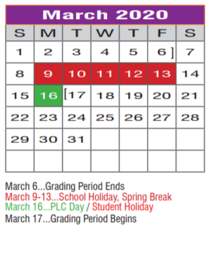 District School Academic Calendar for Denton H S for March 2020