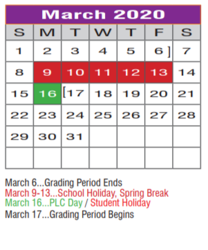 District School Academic Calendar for Regional Day Sch Deaf for March 2020