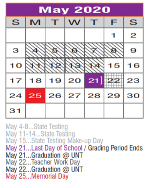 District School Academic Calendar for Denton Co J J A E P for May 2020