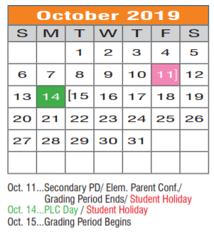 District School Academic Calendar for Joe Dale Sparks Campus for October 2019