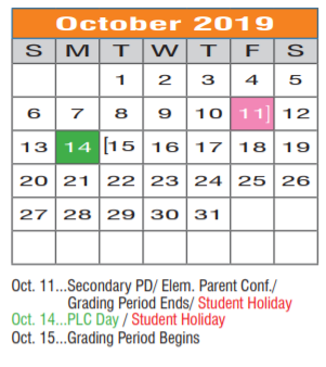 District School Academic Calendar for Calhoun Middle for October 2019