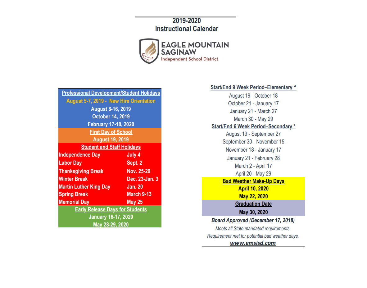 District School Academic Calendar Key for Saginaw High School