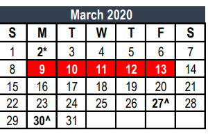 District School Academic Calendar for L A Gililland Elementary for March 2020