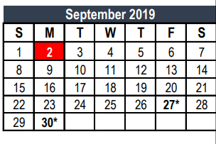 District School Academic Calendar for Tarrant Co J J A E P for September 2019