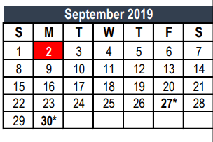 District School Academic Calendar for Weldon Hafley Development Center for September 2019