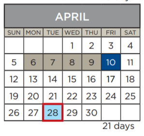 District School Academic Calendar for Travis Co J J A E P for April 2020