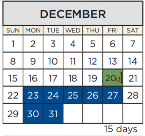 District School Academic Calendar for Travis Co J J A E P for December 2019