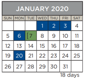 District School Academic Calendar for Travis Co J J A E P for January 2020