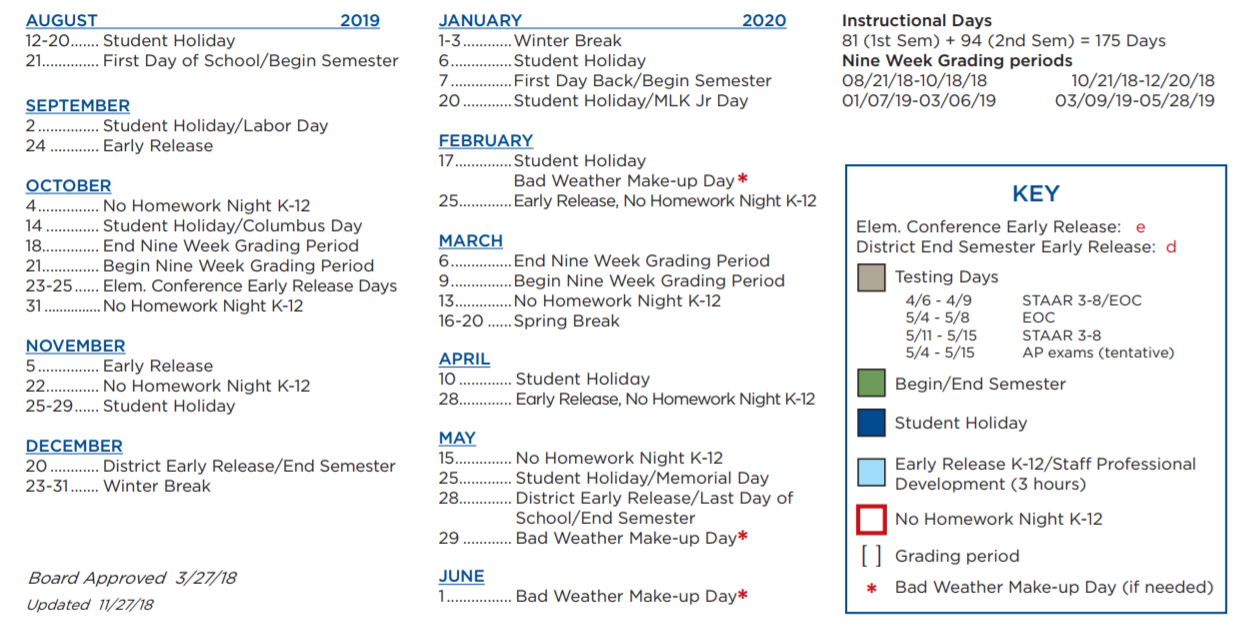 District School Academic Calendar Key for Eanes Elementary