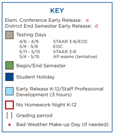 District School Academic Calendar Legend for Eanes Elementary