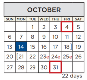 District School Academic Calendar for Travis Co J J A E P for October 2019