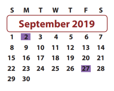 District School Academic Calendar for Barbara Jordan Elementary for September 2019