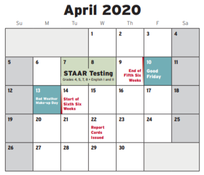 District School Academic Calendar for South Hills High School for April 2020