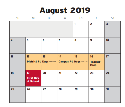 District School Academic Calendar for Assessment Ctr for August 2019