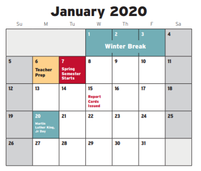 District School Academic Calendar for Assessment Ctr for January 2020