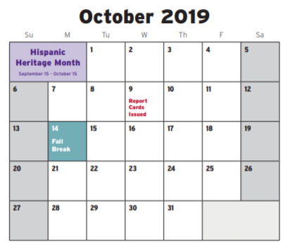 District School Academic Calendar for Tier 1 Southwest D A E P  H S for October 2019