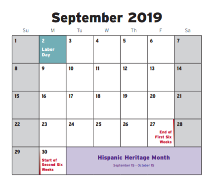 District School Academic Calendar for South Hills High School for September 2019