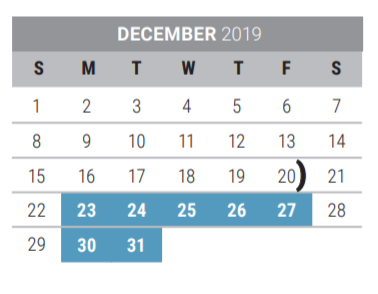 District School Academic Calendar for Acker Special Programs Center for December 2019