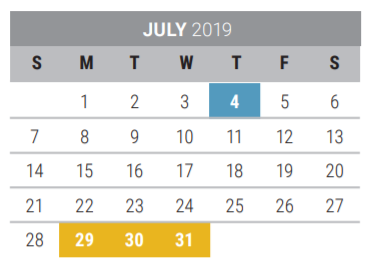 District School Academic Calendar for Acker Special Programs Center for July 2019