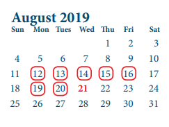 District School Academic Calendar for Green Valley Elementary for August 2019