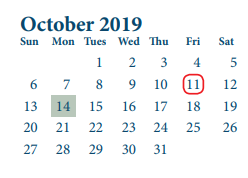 District School Academic Calendar for North Shore Elementary for October 2019