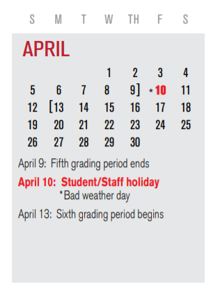 District School Academic Calendar for Caldwell Elementary for April 2020