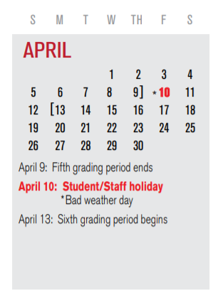 District School Academic Calendar for P I P for April 2020