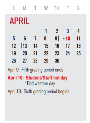 District School Academic Calendar for Gisd Evening Sch for April 2020