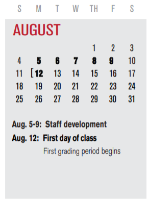 District School Academic Calendar for Infant Center for August 2019
