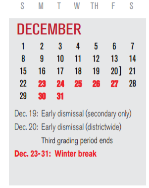 District School Academic Calendar for Walnut Glen Acad For Excel for December 2019