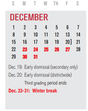 District School Academic Calendar for P I P for December 2019