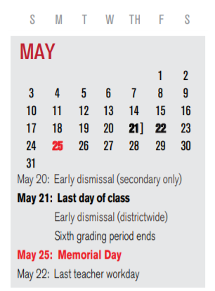 District School Academic Calendar for P I P for May 2020