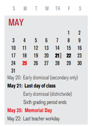 District School Academic Calendar for Rowlett Elementary for May 2020