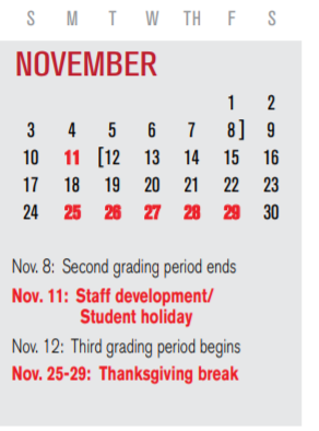 District School Academic Calendar for Memorial Preparatory Sch for November 2019
