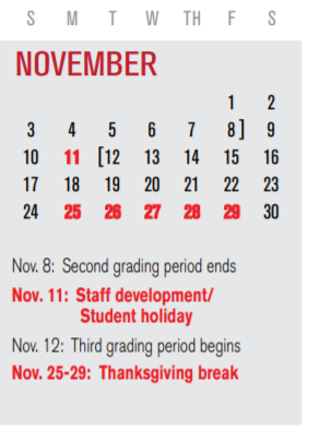 District School Academic Calendar for B G Hudson Middle for November 2019