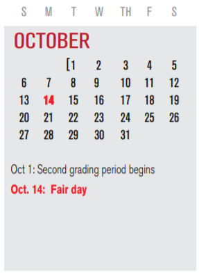 District School Academic Calendar for P I P for October 2019