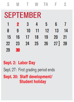 District School Academic Calendar for P I P for September 2019