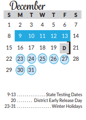 District School Academic Calendar for Excel Academy (murworth) for December 2019